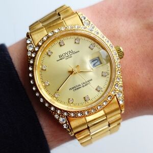 J-Axis Royal Gold Tone Watch Date Dial Diamond Markers Luxury Style 36mm Rolex